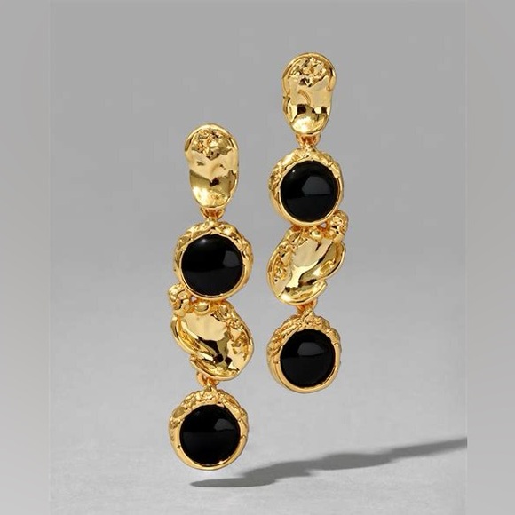 ALEXIS BITTAR • Brut Black Onyx Gold Coin Linear Post Drop Earrings - Picture 3 of 13